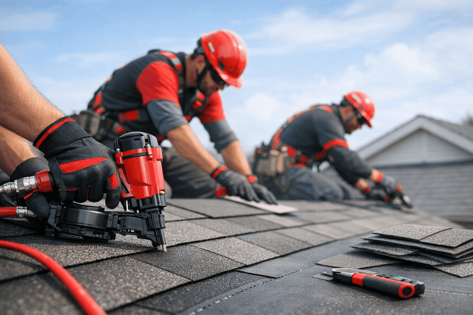 Two roofing workers in safety gear performing precise tasks on a residential rooftop