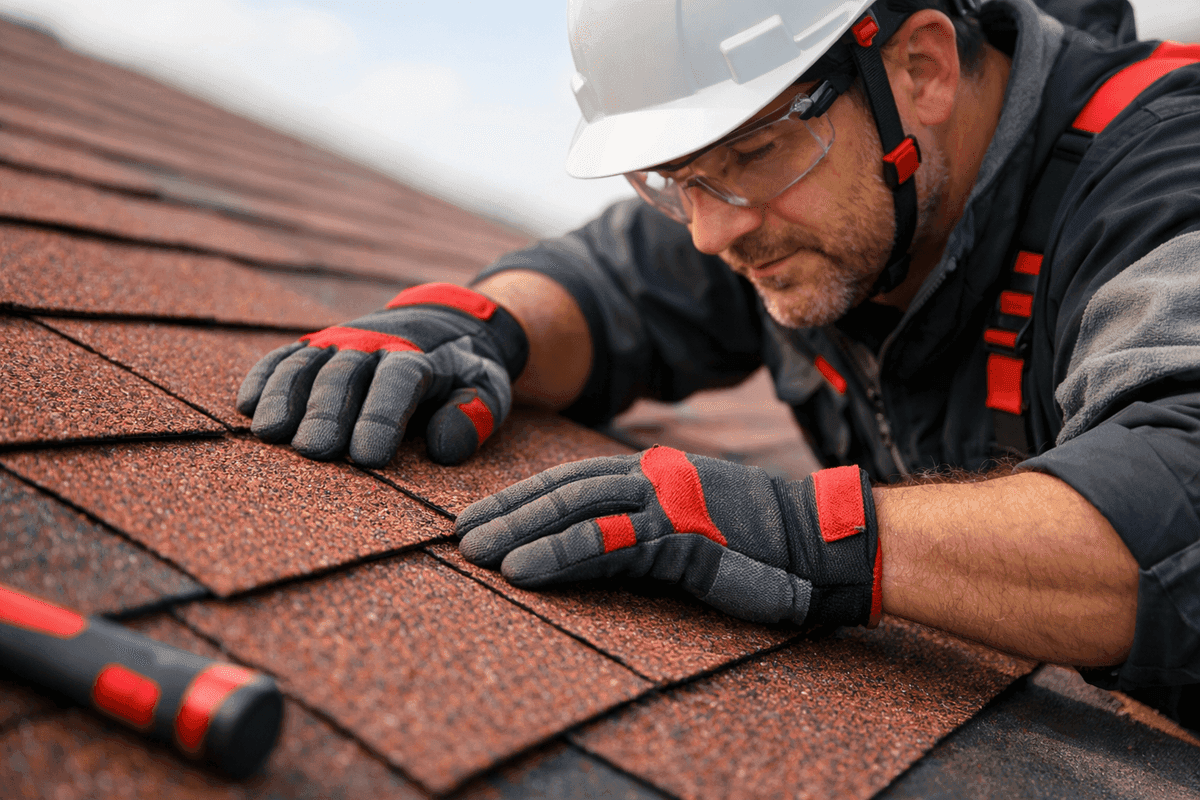Close-up of roofer’s gloved hands aligning red asphalt shingles on a new roof